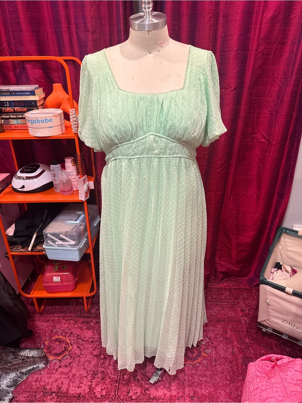 ASOS CURVE puff sleeve pleated midi dress in pastel green